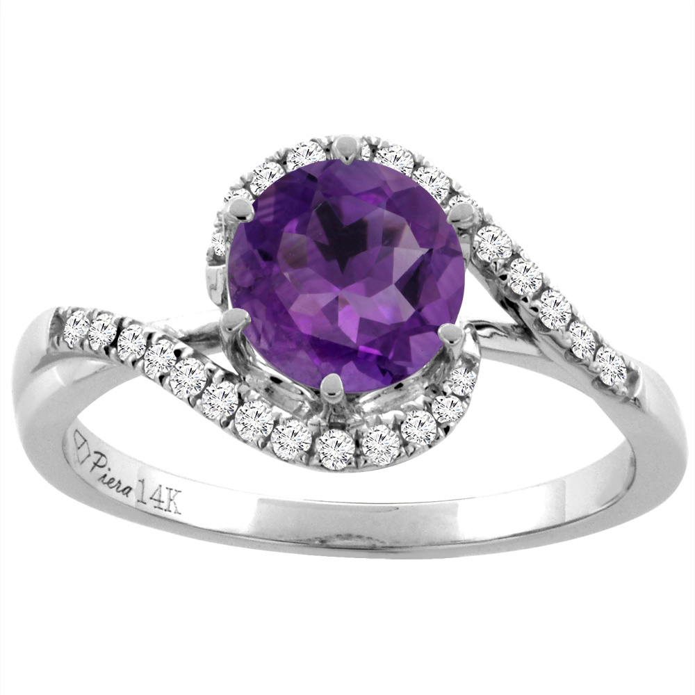 14K White Gold Diamond Natural Amethyst Bypass Engagement Ring Round 7 mm, sizes 5-10