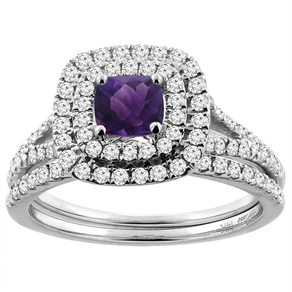 14K White Gold Diamond Halo Natural Amethyst 2pc Engagement Ring Set Cushion 6x6 mm, sizes 5-10