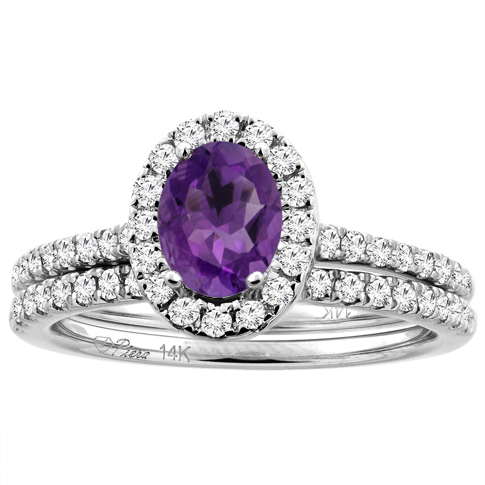 14K White/Yellow Gold Diamond Halo Natural Amethyst 2pc Engagement Ring Set Oval 7x5 mm, sizes 5-10
