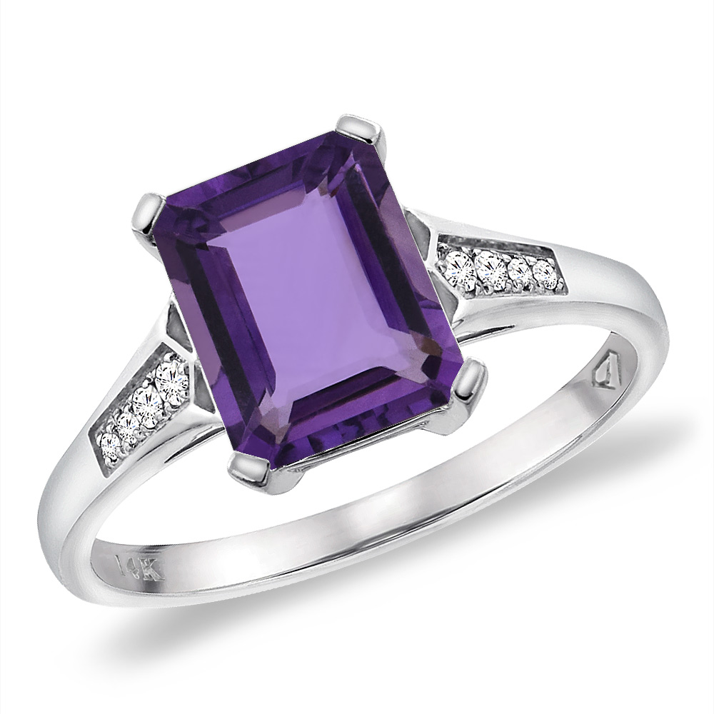 14K White Gold Natural Amethyst Ring 9x7 mm Octagon with Diamond Accent, sizes 5 -10