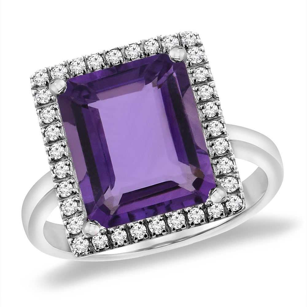 14K White Gold Natural Amethyst Ring Diamond Accent 12x10 mm Octagon, sizes 5 -10