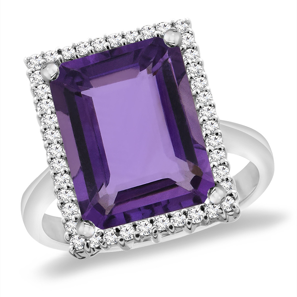 14K White Gold Natural Amethyst Ring Diamond Accent 14x10 mm Octagon, sizes 5 -10