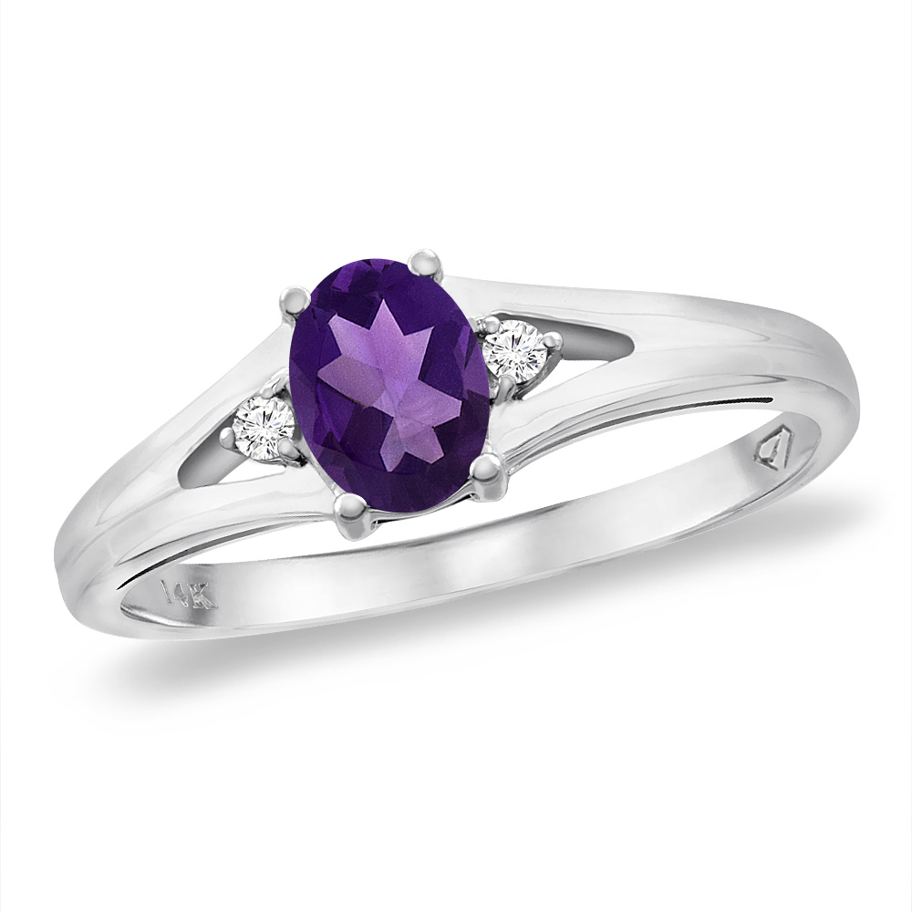 14K White Gold Diamond Natural Amethyst Engagement Ring Oval 6x4 mm, sizes 5 -10