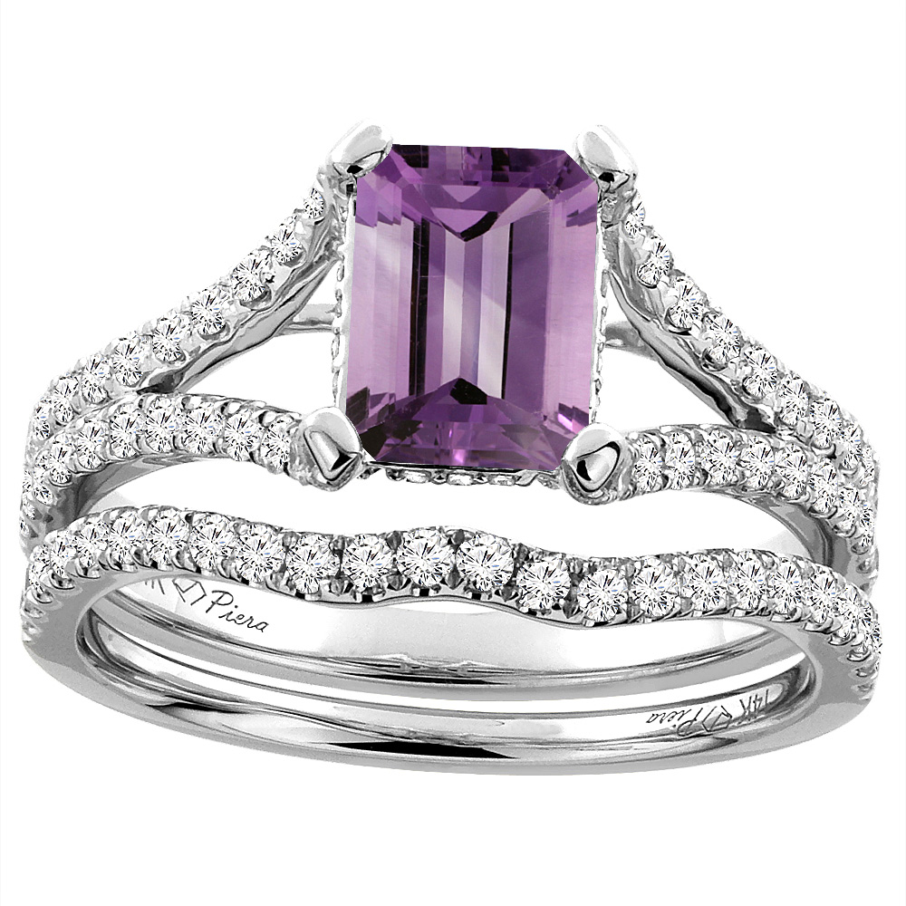 14K White Gold Natural Amethyst Engagement Ring Set Emerald 8x6 mm, sizes 5-10