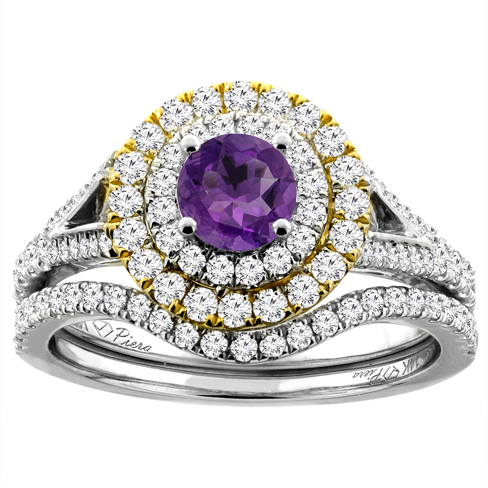 14K White Gold Diamond Natural Amethyst Halo Engagement Bridal Ring Set Round 5 mm, sizes 5-10