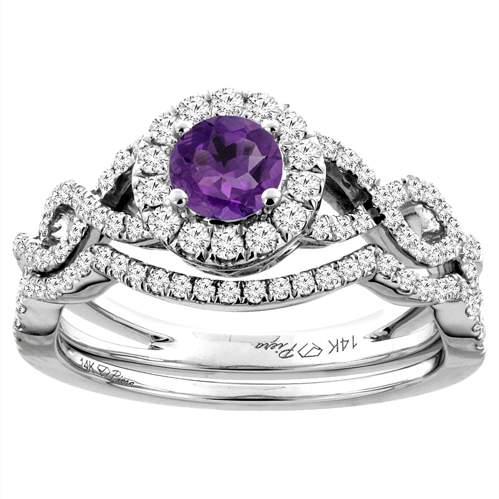 14K White Gold Diamond Natural Amethyst Halo Engagement Bridal Ring Set Round 5 mm, sizes 5-10