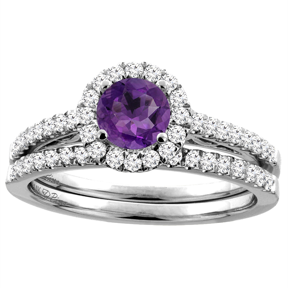 14K White Gold Diamond Natural Amethyst Halo Engagement Bridal Ring Set Round 6 mm, sizes 5-10