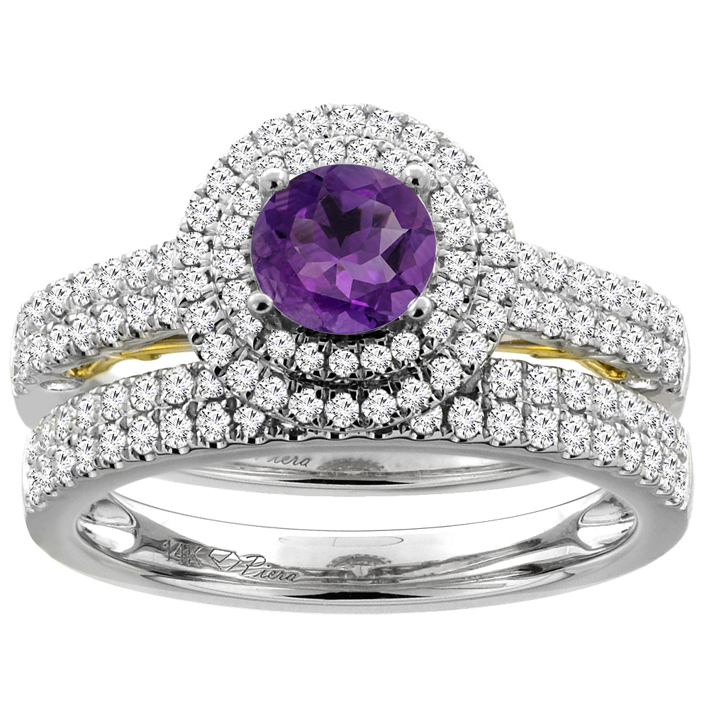 14K White Gold Diamond Natural Amethyst Halo Engagement Ring Set Round 6 mm, sizes 5-10