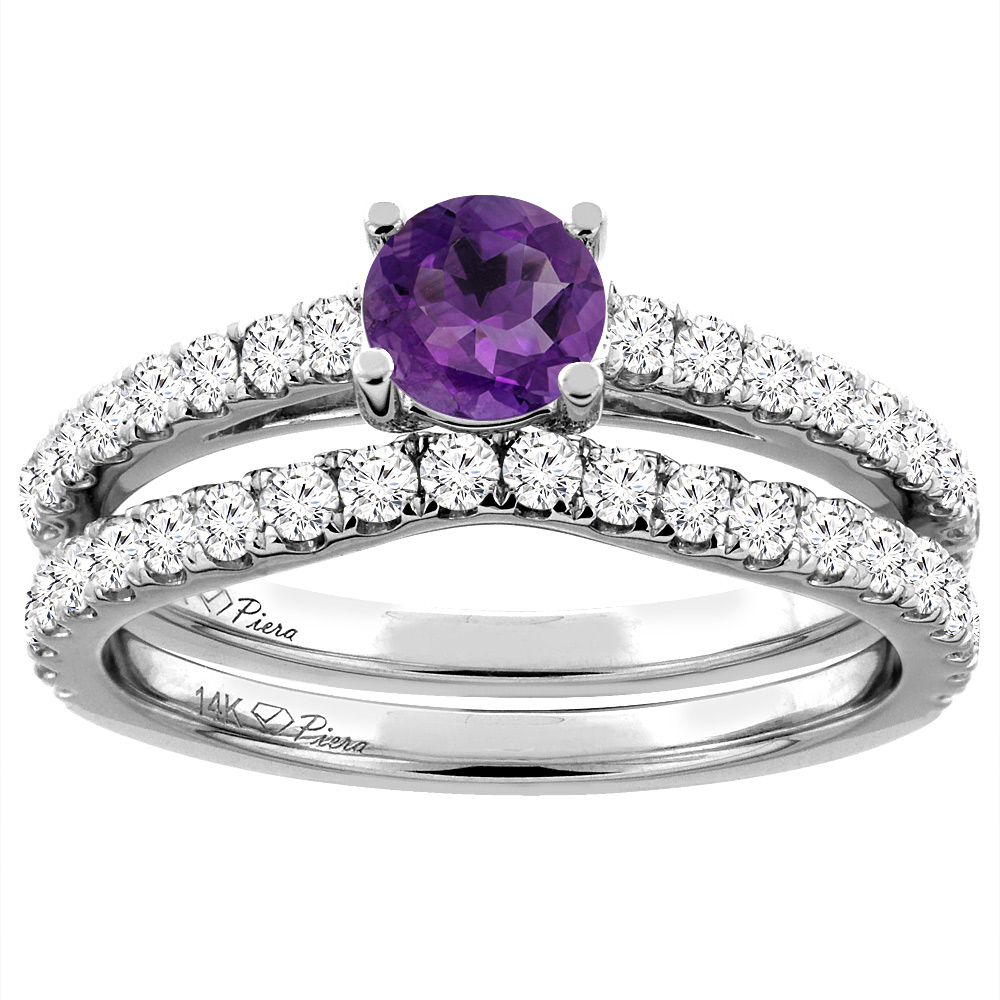 14K White Gold Diamond Natural Amethyst Engagement Bridal Ring Set Round 6 mm, sizes 5-10
