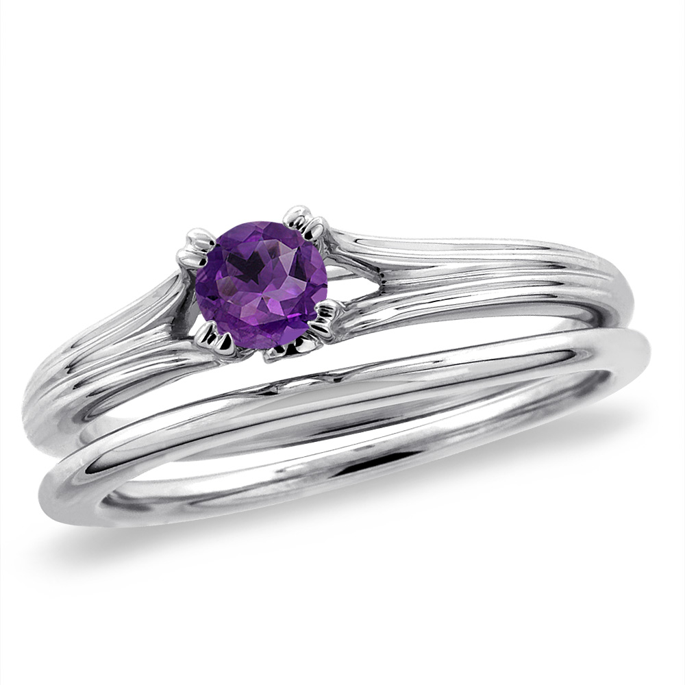 14K White Gold Diamond Natural Amethyst 2pc Solitaire Engagement Ring Set Round 6 mm, sizes 5-10