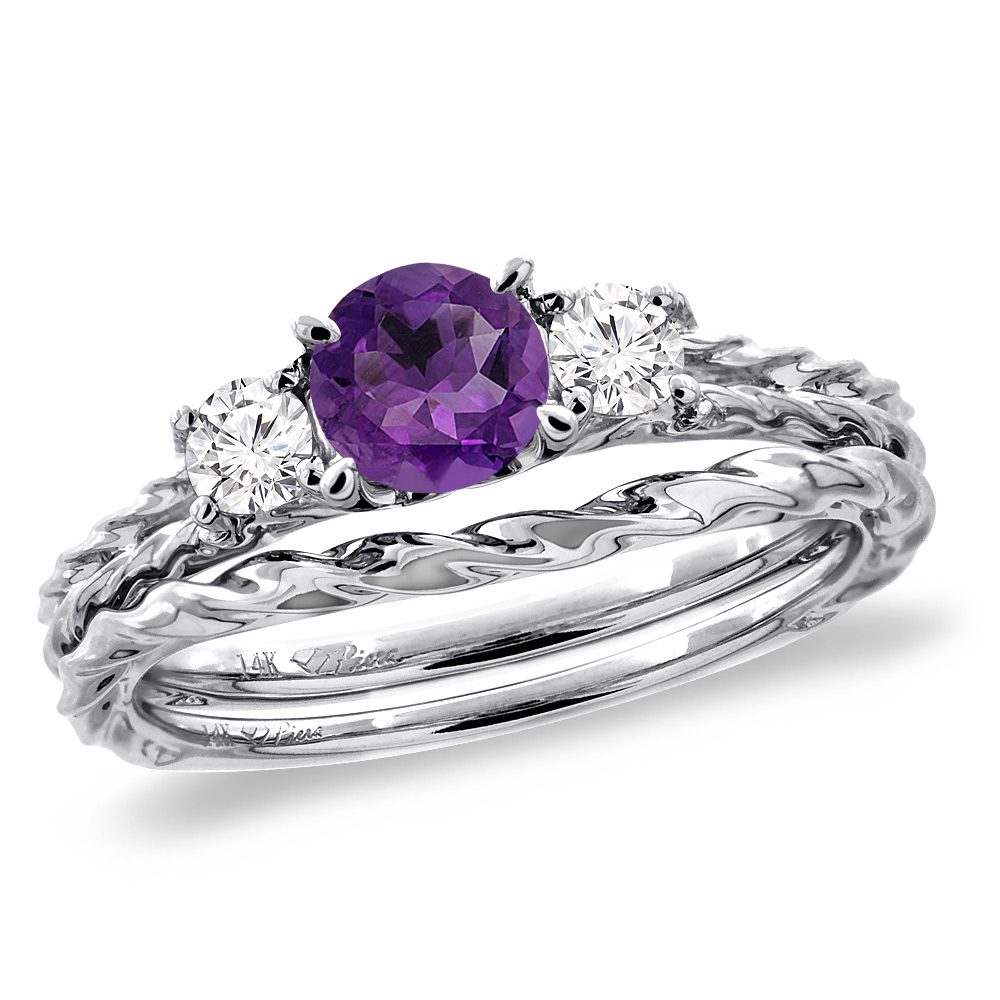 14K White Gold Diamond Natural Amethyst 2pc Engagement Ring Set Round 6mm Twisted, sizes 5-10