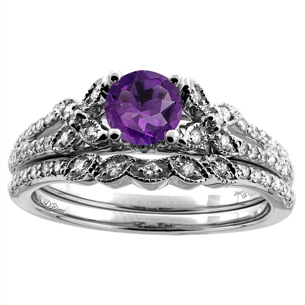14K White/Yellow Gold Floral Diamond Natural Amethyst 2pc Engagement Ring Set Round 5 mm, sizes 5-10