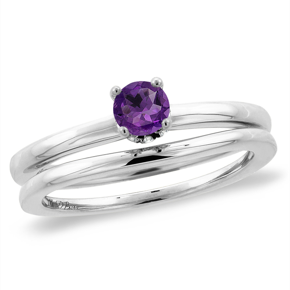 14K White Gold Diamond Natural Amethyst 2pc Solitaire Engagement Ring Set Round 5 mm, sizes 5 -10