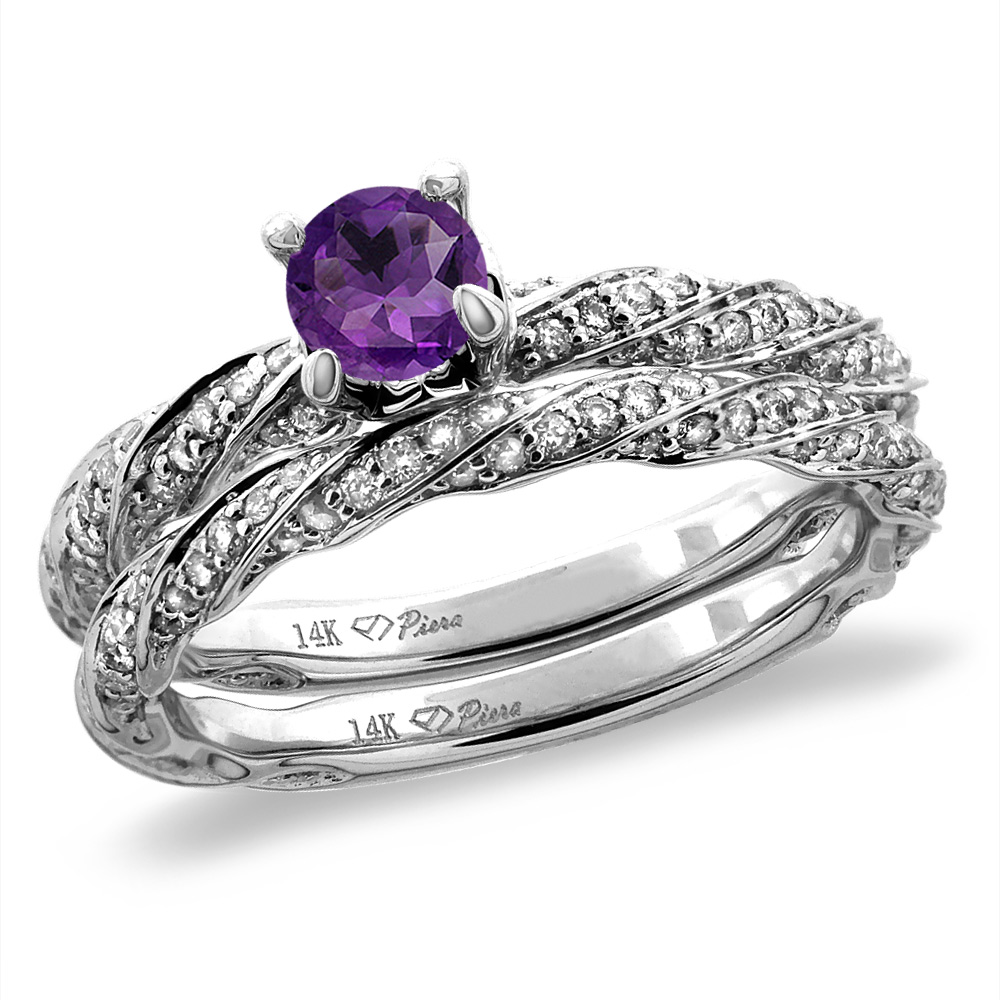 14K White/Yellow Gold Diamond Natural Amethyst 2pc Twisted Engagement Ring Set Round 4 mm, sizes 5 -10