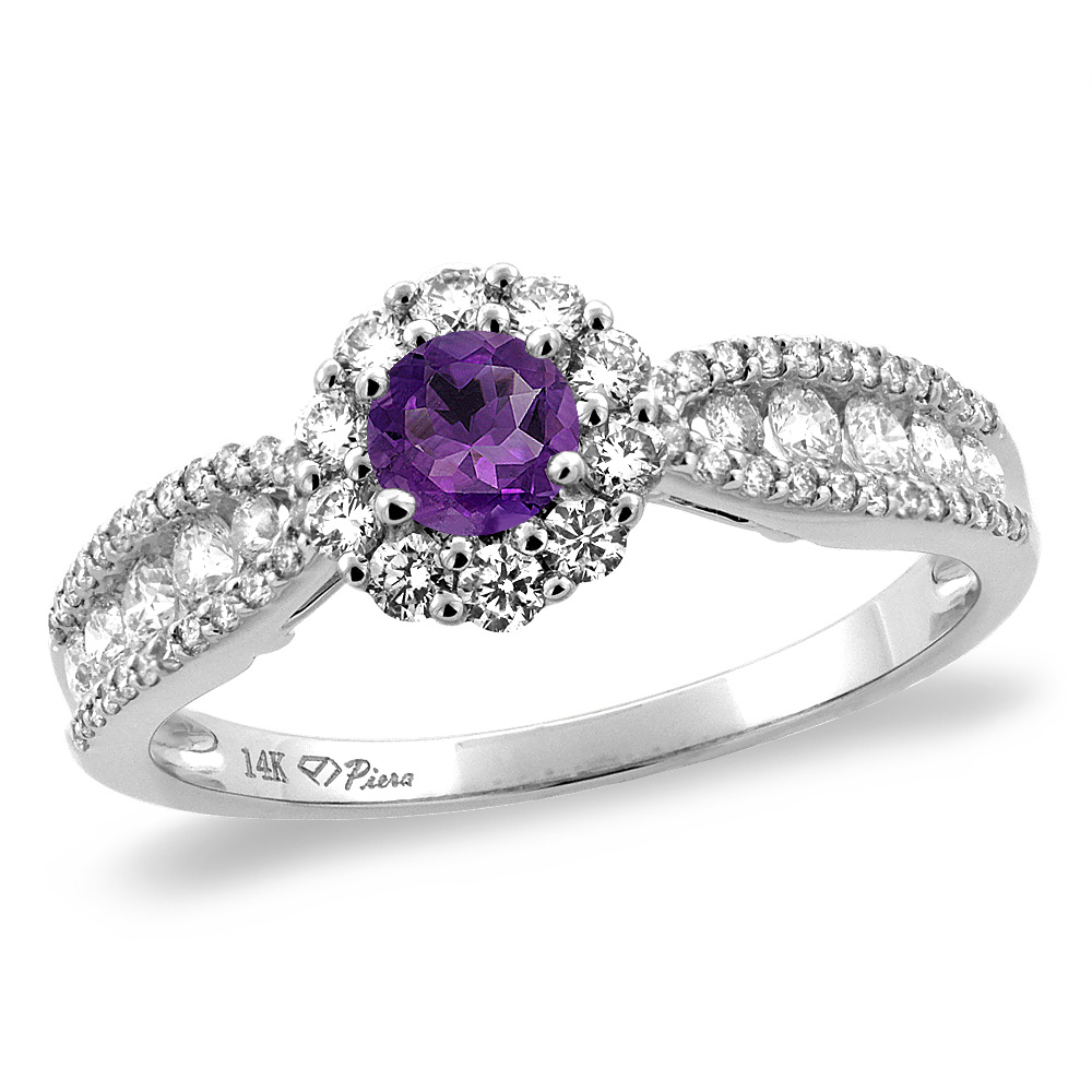 14K White/Yellow Gold Natural Amethyst Halo Engagement Ring Round 4 mm, sizes 5 -10