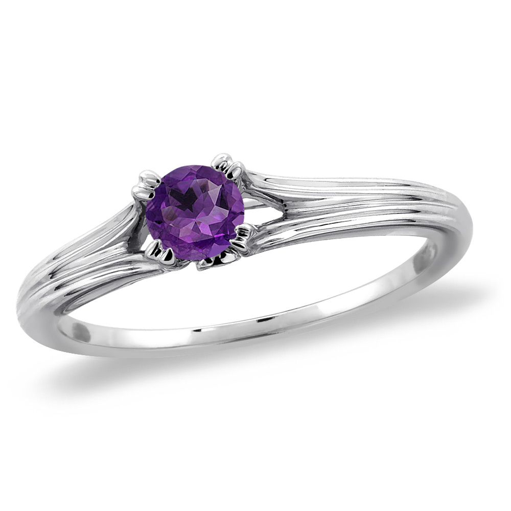 14K White Gold Diamond Natural Amethyst Solitaire Engagement Ring Round 4 mm, sizes 5 -10