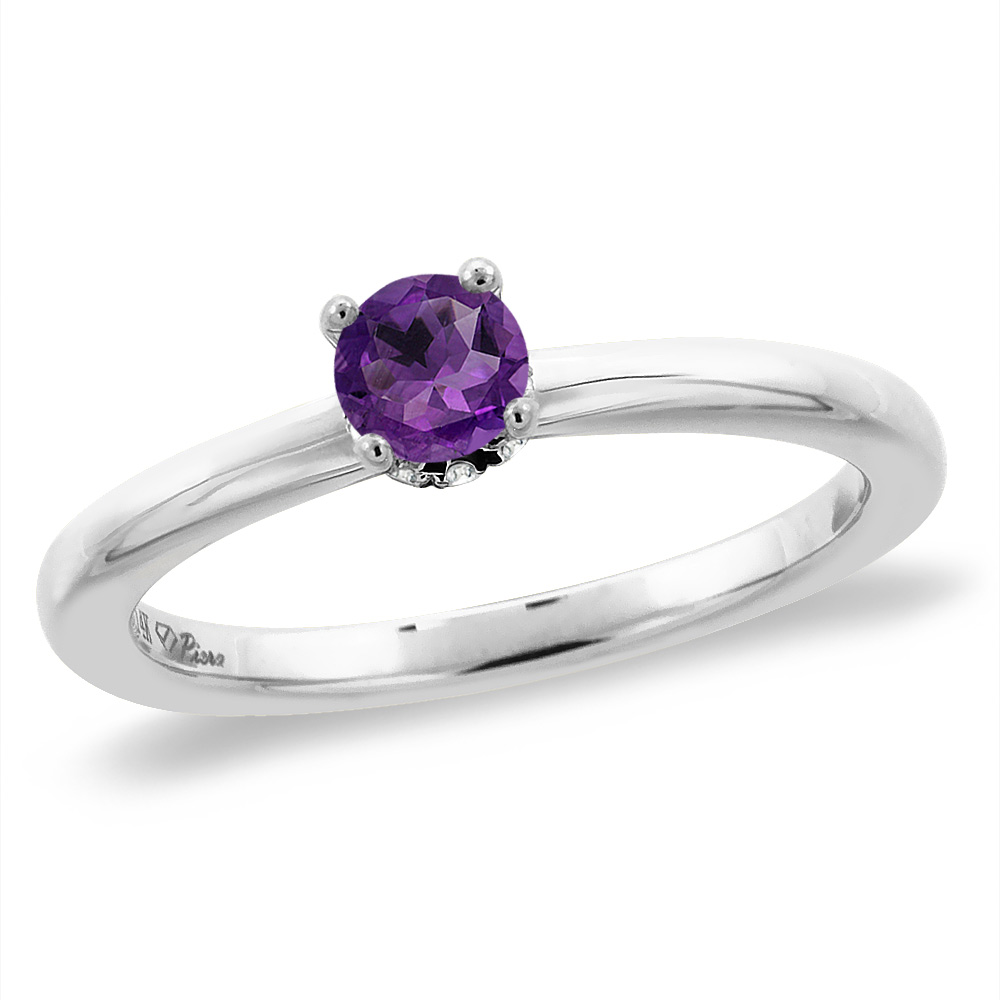 14K White Gold Diamond Natural Amethyst Solitaire Engagement Ring Round 4 mm, sizes 5 -10