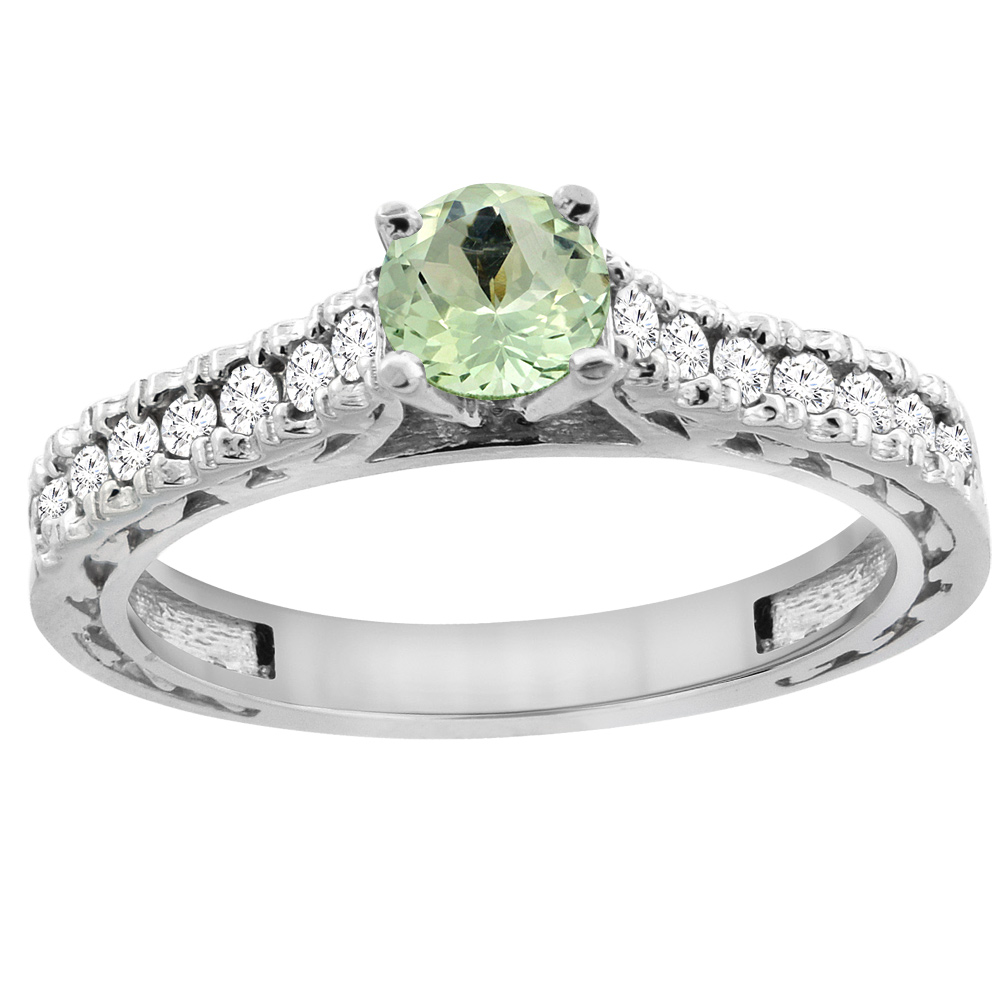 14K White Gold Natural Green Amethyst Round 5mm Engraved Engagement Ring Diamond Accents, sizes 5 - 10
