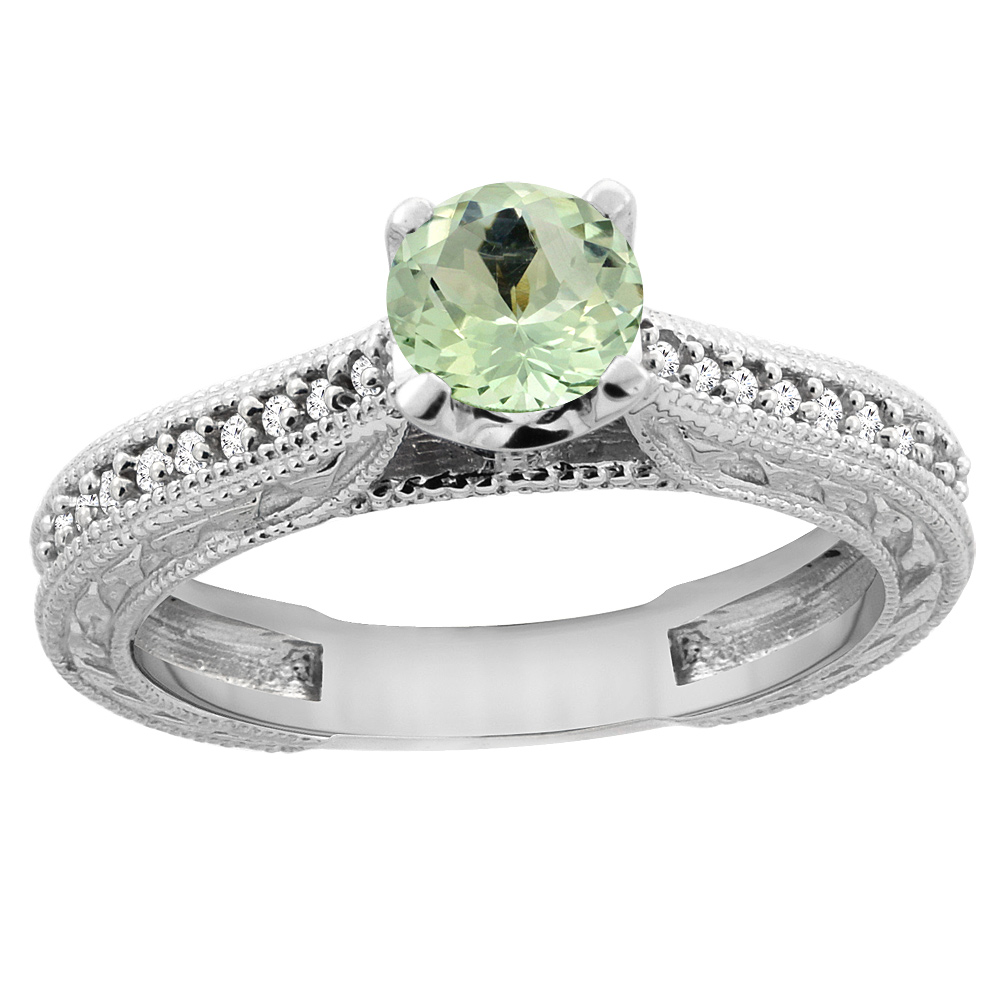 14K White Gold Natural Green Amethyst Round 5mm Engraved Engagement Ring Diamond Accents, sizes 5 - 10