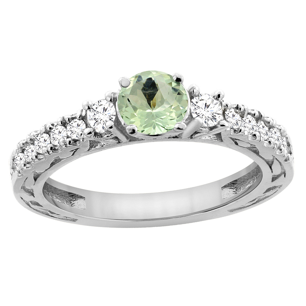 14K White Gold Natural Green Amethyst Round 6mm Engraved Engagement Ring Diamond Accents, sizes 5 - 10
