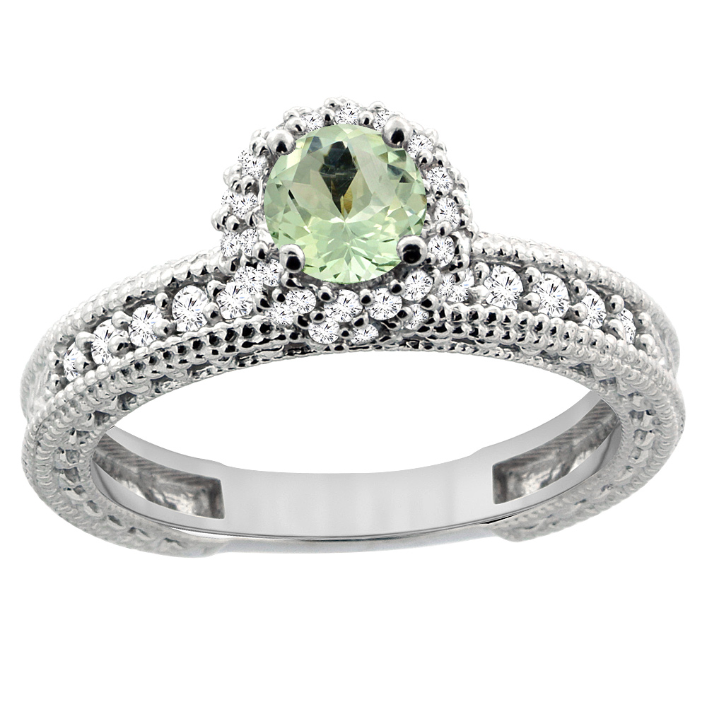14K White Gold Natural Green Amethyst Round 5mm Engagement Ring Diamond Accents, sizes 5 - 10