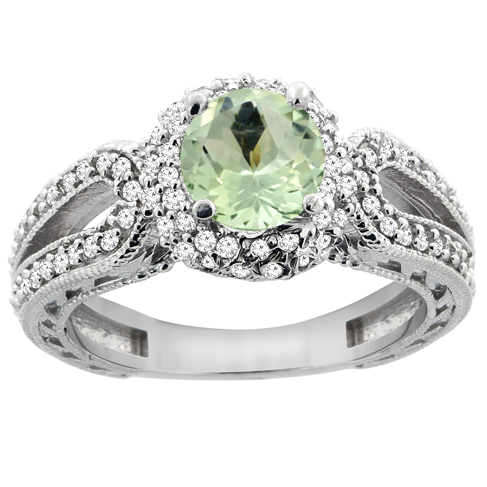 14K White Gold Natural Green Amethyst Engagement Ring Round 6mm Engraved Split Shank Diamond Accents, sizes 5 - 10