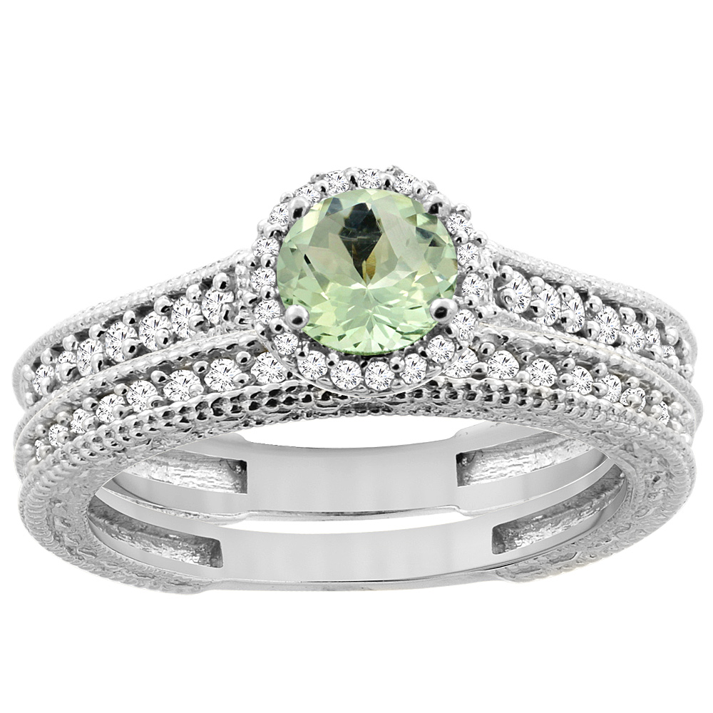 14K White Gold Natural Green Amethyst Round 5mm Engagement Ring 2-piece Set Diamond Accents, sizes 5 - 10