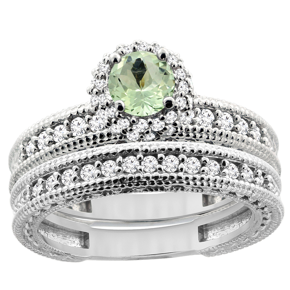 14K White Gold Diamond Natural Green Amethyst Round 4mm Engagement Ring 2-piece Set, sizes 5 - 10