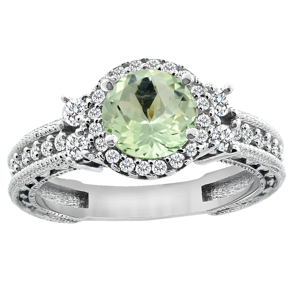 14K White Gold Natural Green Amethyst Halo Engagement Ring Round 6mm Diamond Accents, sizes 5 - 10