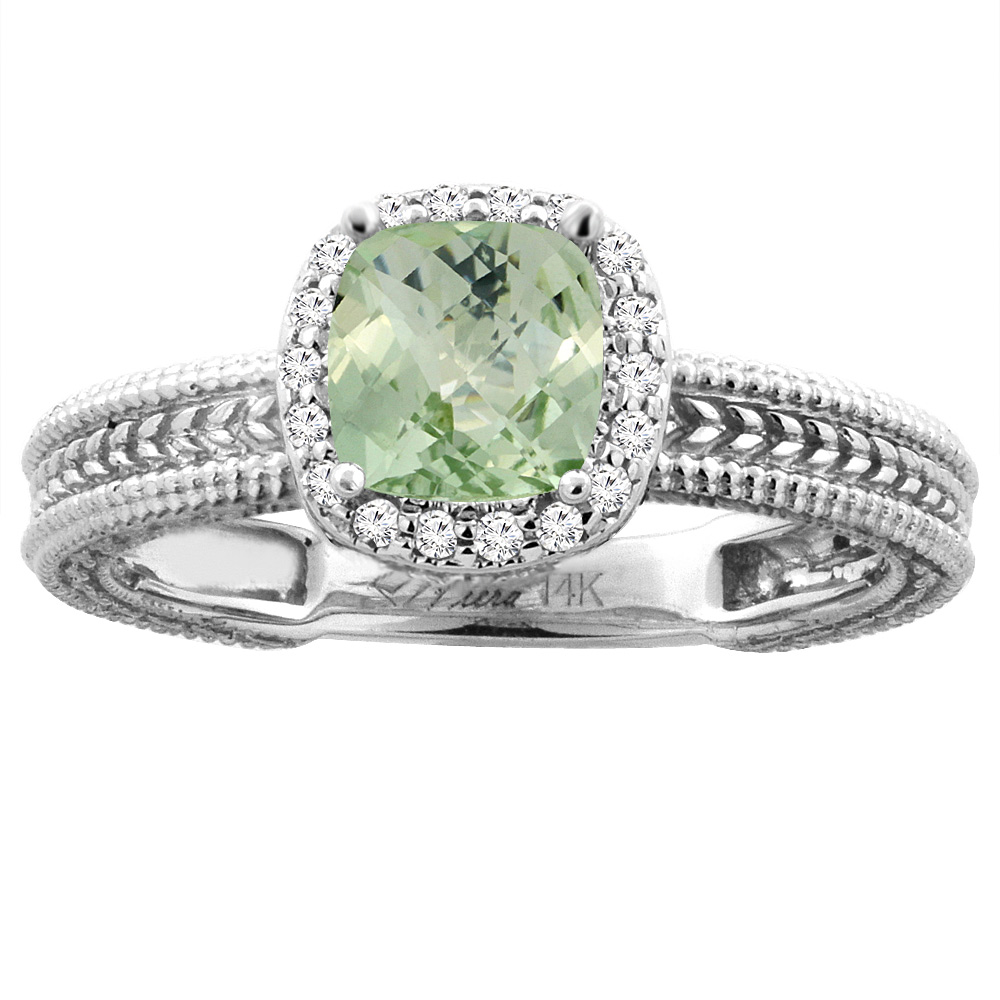 14K White Gold Diamond Natural Green Amethyst Engagement Ring Cushion 7x7 mm, sizes 5-10
