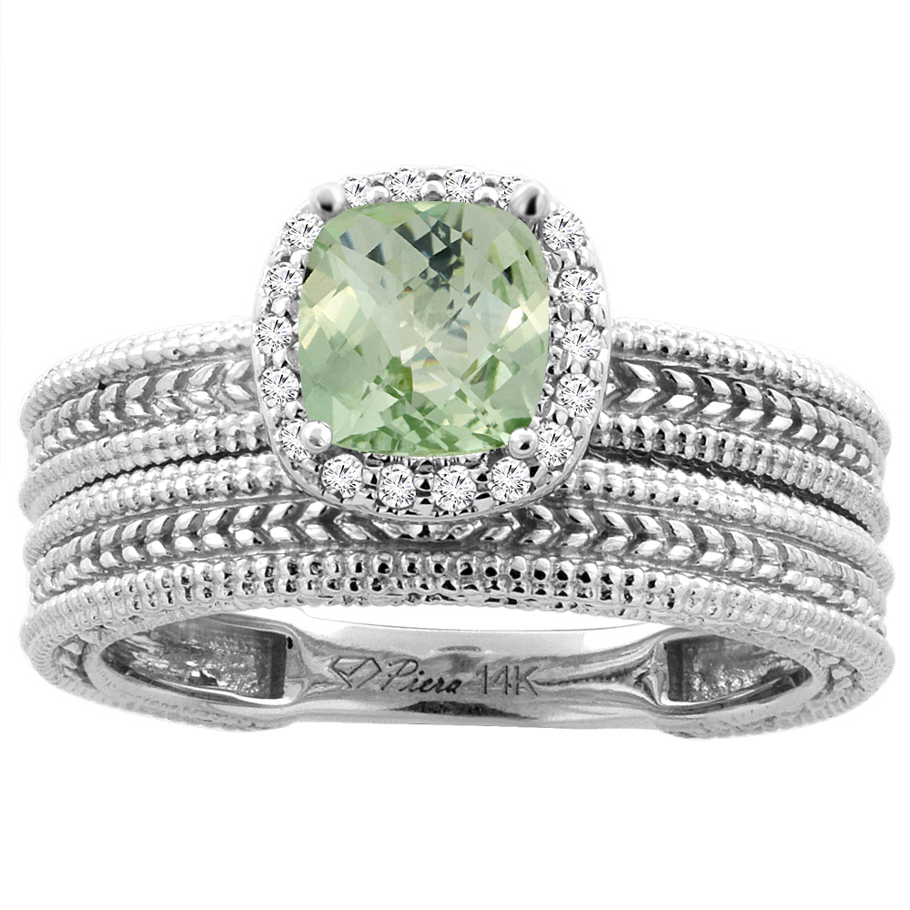 14K White Gold Diamond Natural Green Amethyst 2-pc Engagement Ring Set Cushion 7x7 mm, sizes 5-10
