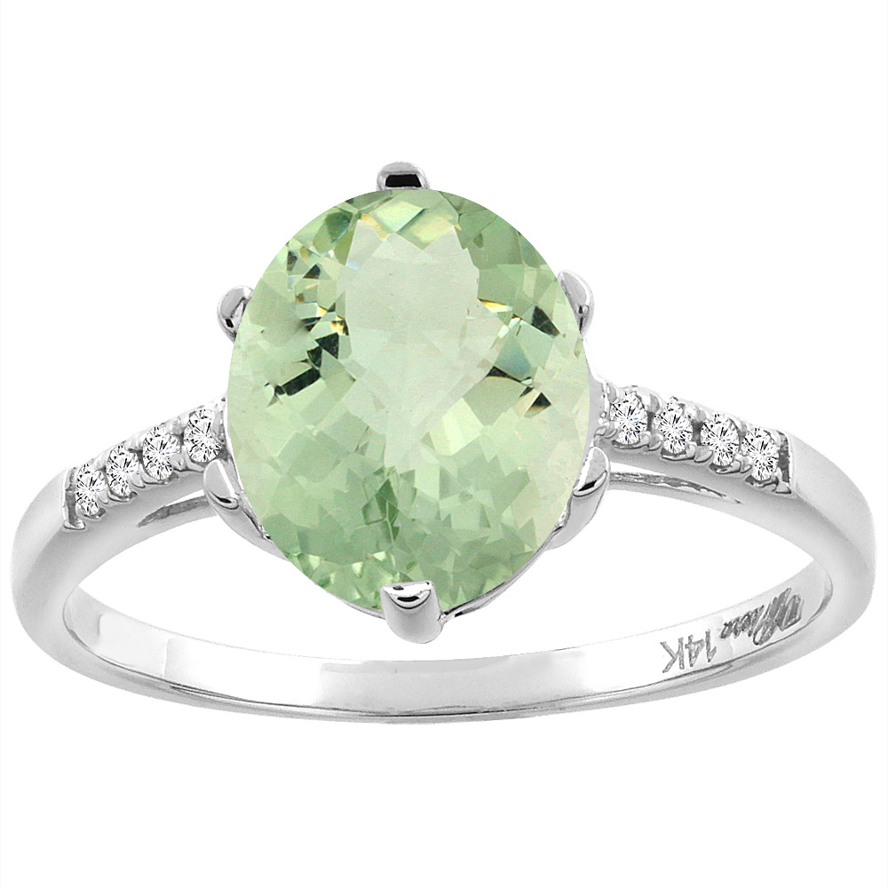 14K White Gold Natural Green Amethyst &amp; Diamond Ring Oval 10x8 mm, sizes 5-10