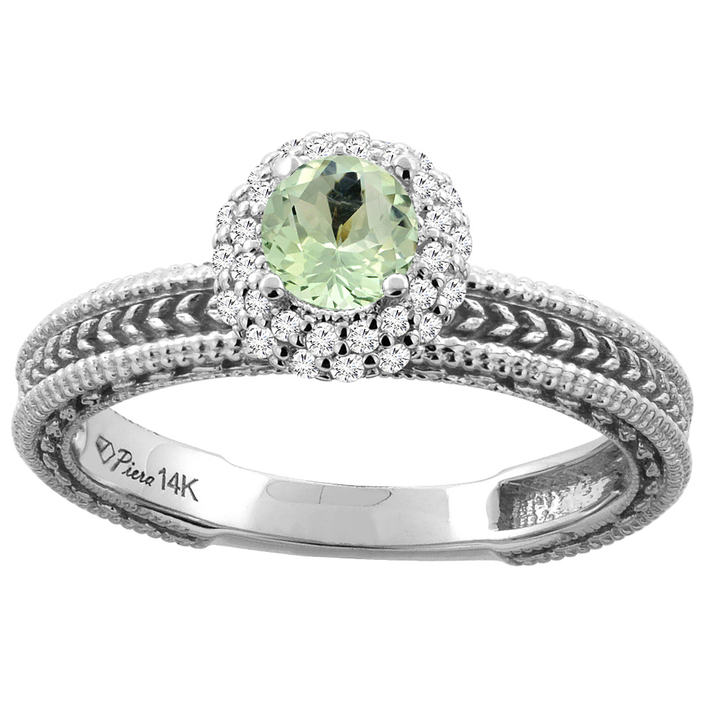 14K White Gold Natural Green Amethyst &amp; Diamond Engagement Ring Round 5 mm, sizes 5-10