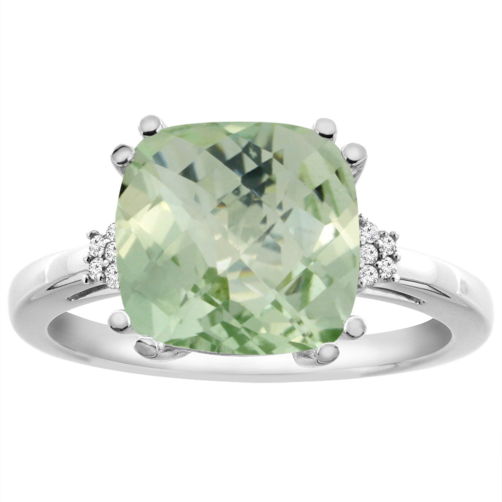14K White Gold Diamond Natural Green Amethyst Engagement Ring Cushion-cut 10x10 mm, sizes 5-10