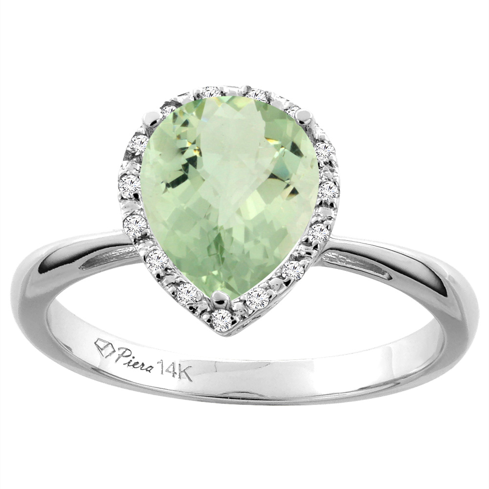 14K White Gold Natural Green Amethyst &amp; Diamond Halo Engagement Ring Pear Shape 9x7 mm, sizes 5-10