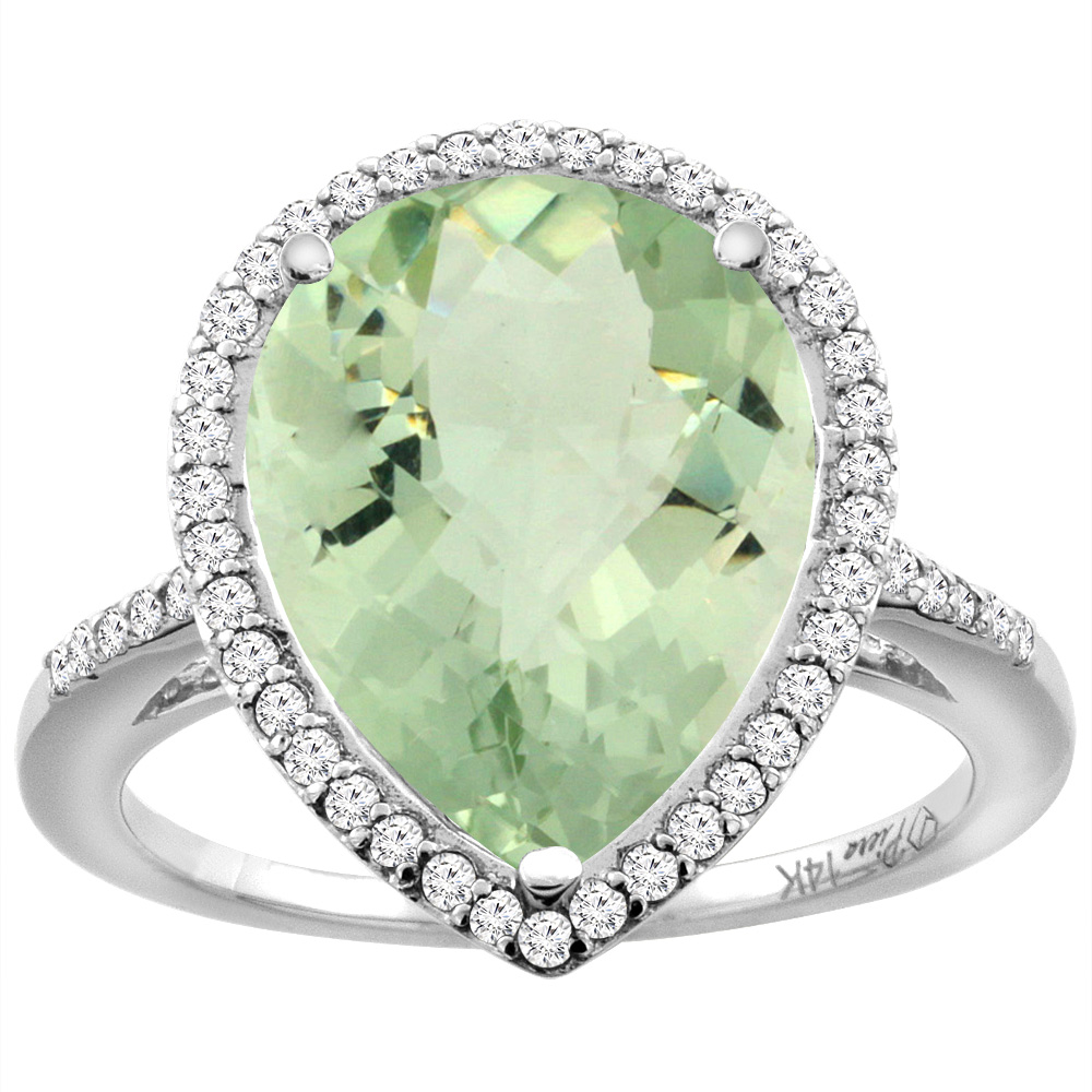 14K White Gold Natural Green Amethyst & Diamond Engagement Ring Ring Pear Cut 16x12 mm, sizes 5-10