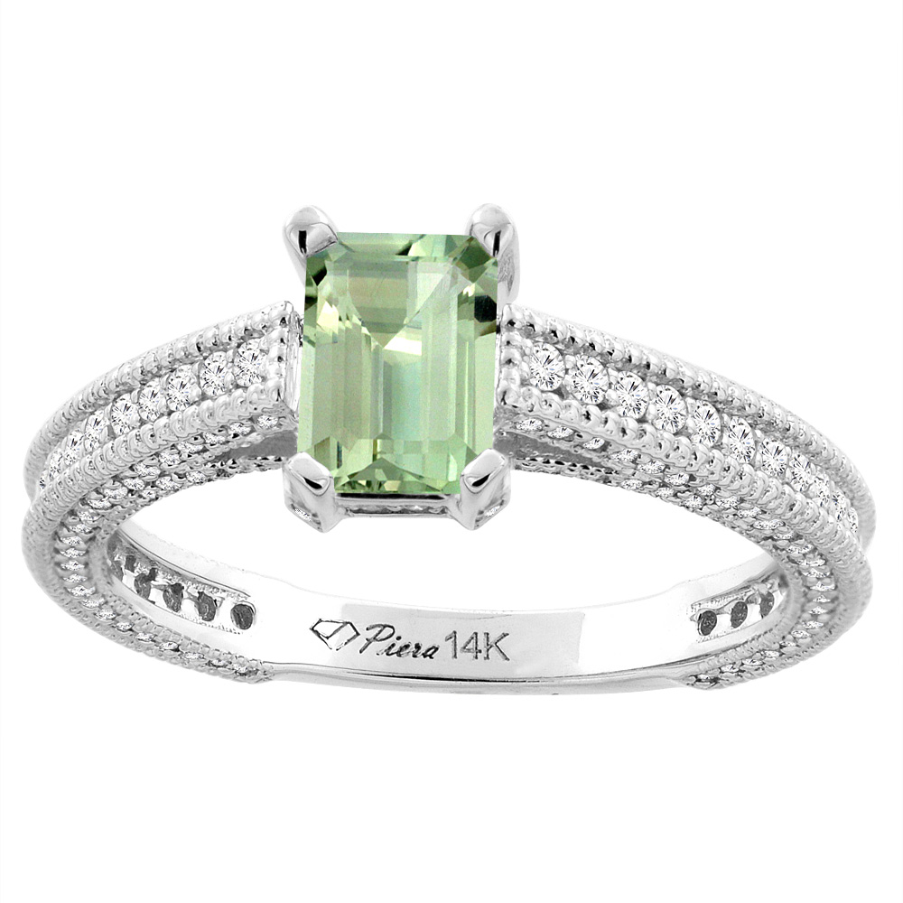 14K White Gold Natural Green Amethyst & Diamond Ring Octagon 7x5 mm, sizes 5-10