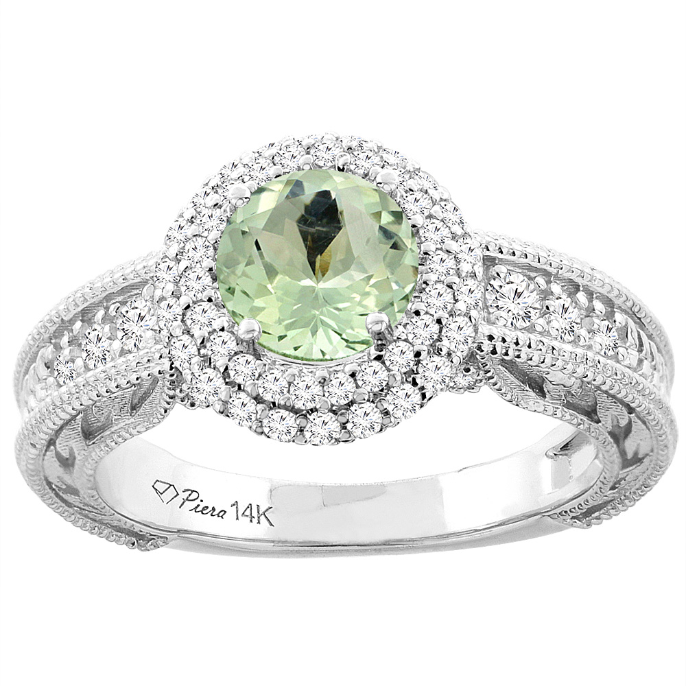 14K White Gold Natural Green Amethyst &amp; Diamond Halo Ring Round 6 mm, sizes 5-10
