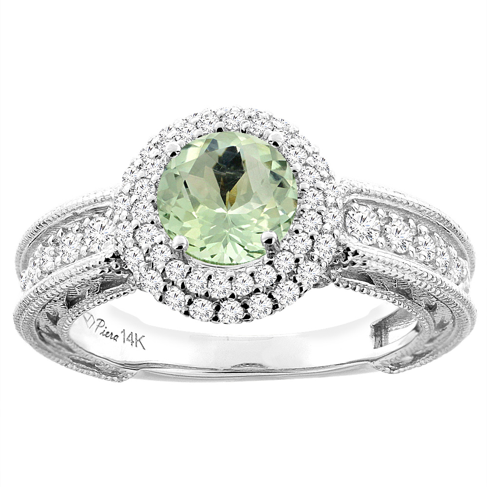 14K Yellow Gold Natural Green Amethyst &amp; Diamond Halo Ring Round 6 mm, sizes 5-10