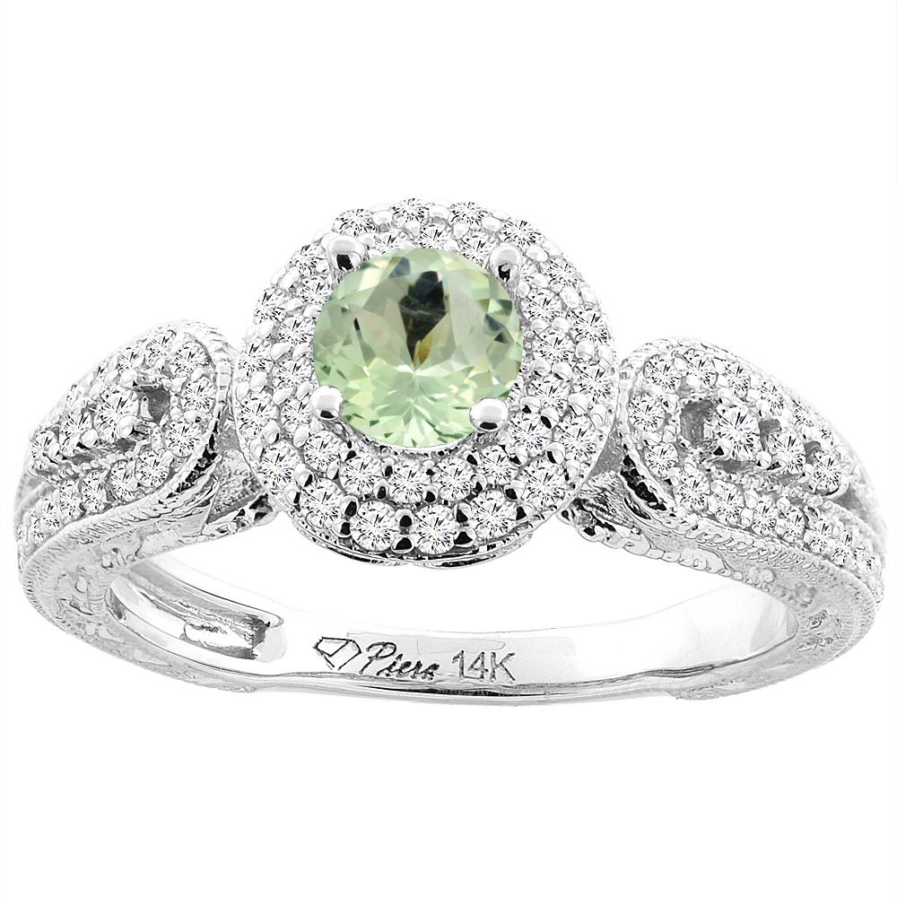 14K Yellow Gold Natural Green Amethyst &amp; Diamond Halo Ring Round 5 mm, sizes 5-10