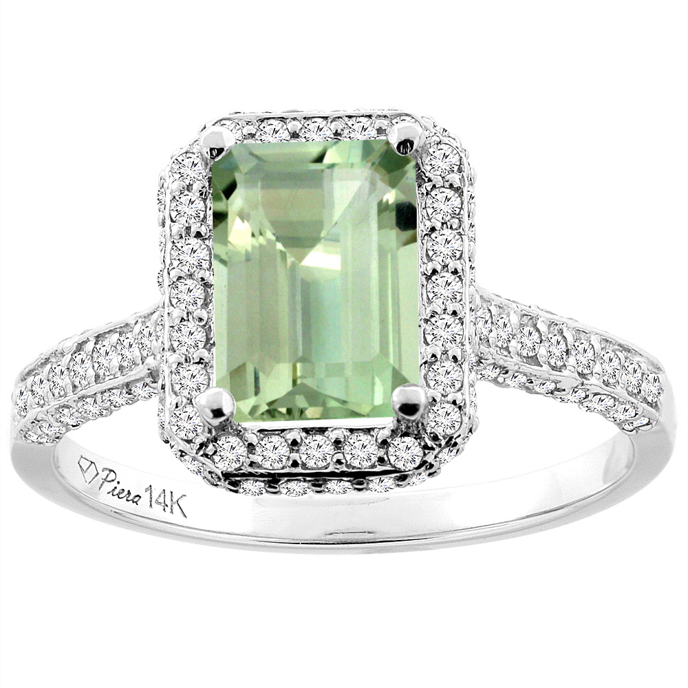 14K White Gold Natural Green Amethyst Engagement Ring Octagon 8x6 mm, sizes 5-10