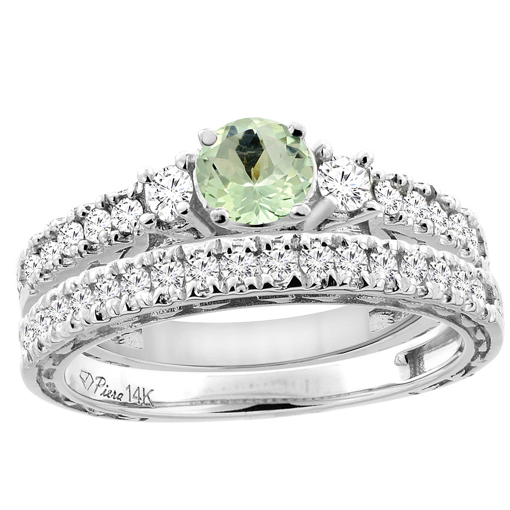 14K White Gold Diamond Natural Green Amethyst Engagement 2-pc Ring Set Engraved Round 6 mm, sizes 5 - 10