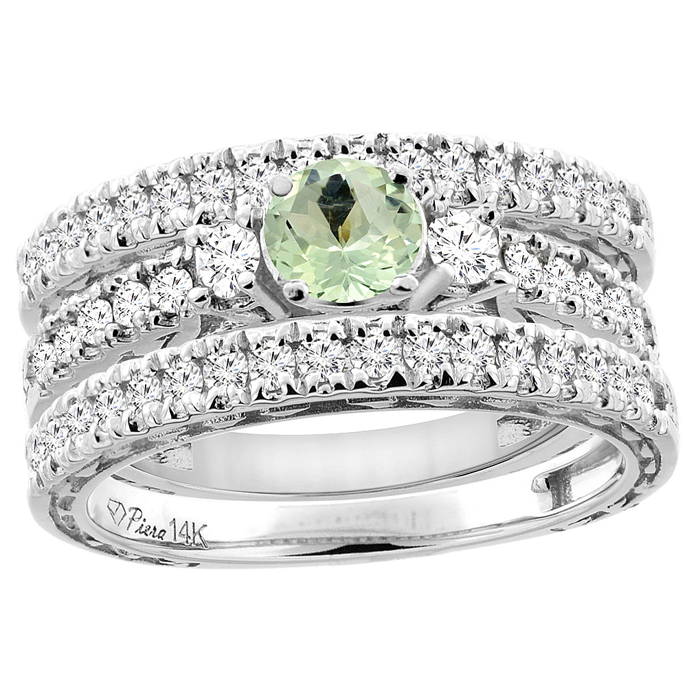 14K White Gold Diamond Natural Green Amethyst Engagement 3-pc Ring Set Engraved Round 6 mm, sizes 5 - 10