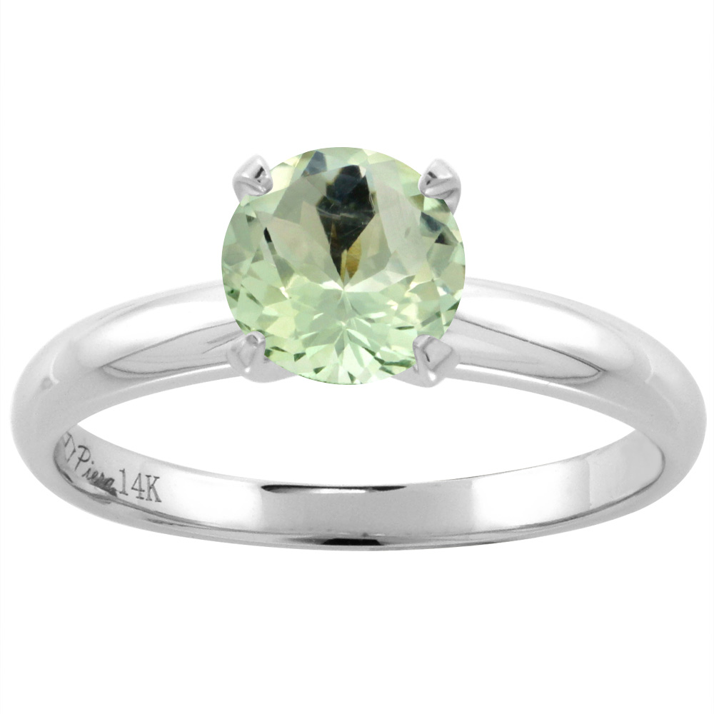 14K White Gold Natural Green Amethyst Solitaire Engagement Ring Round 7 mm, sizes 5-10
