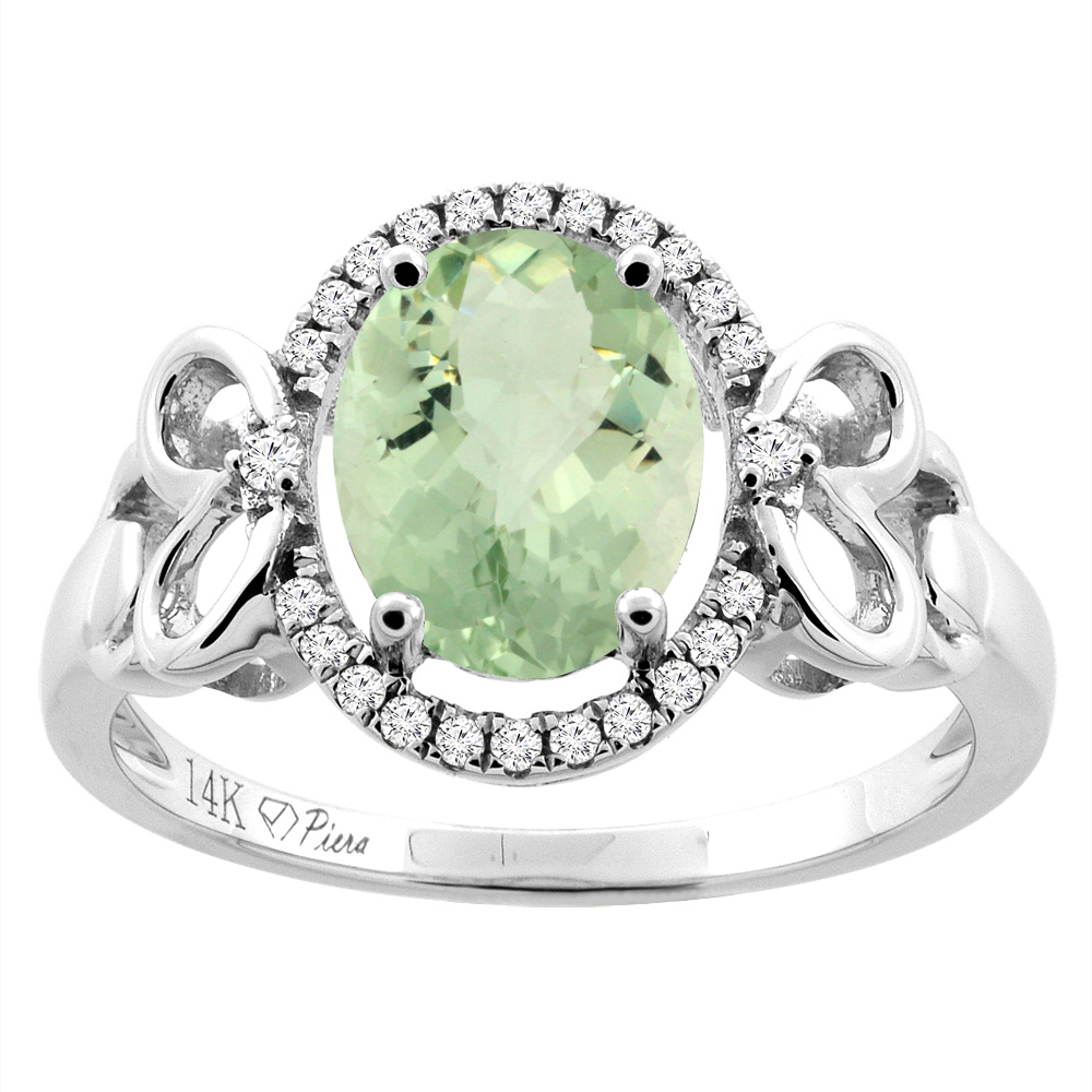14K Gold Natural Green Amethyst Halo Ring Oval 9x7 mm Diamond & Heart Accents, sizes 5 - 10