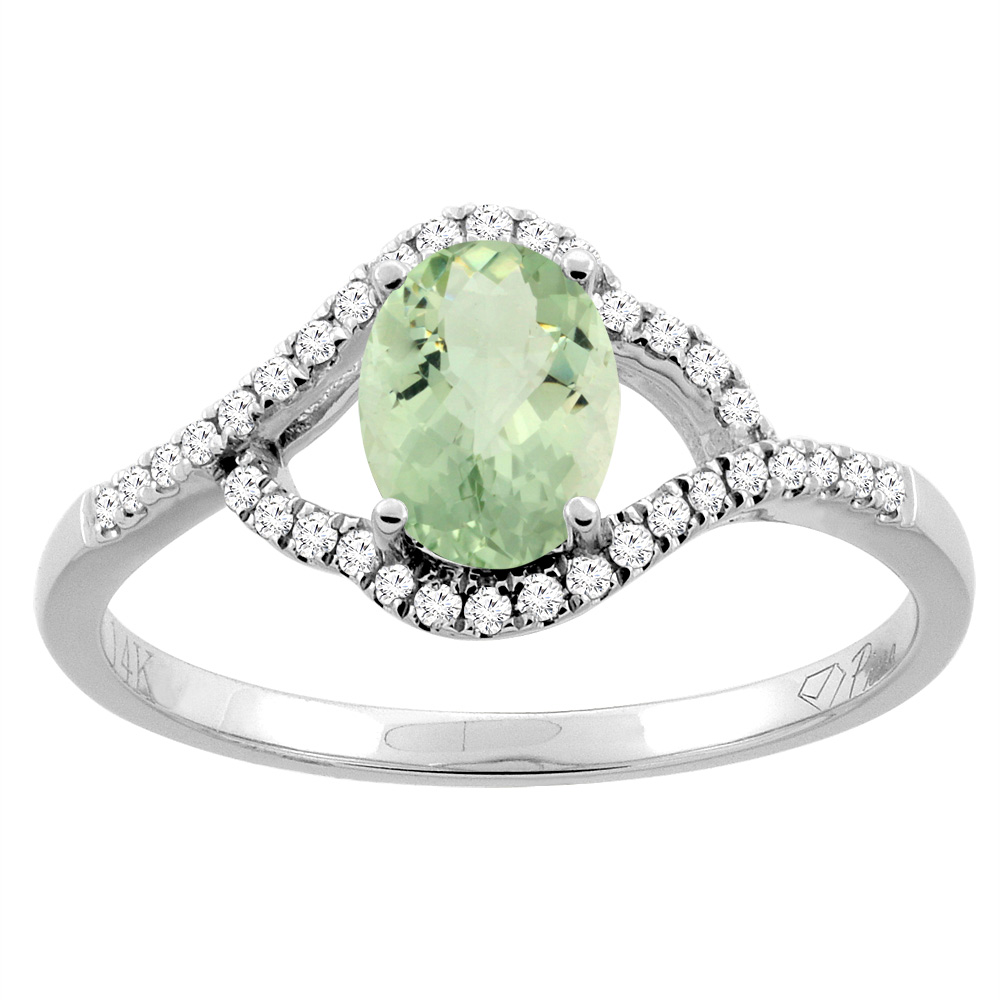 14K Gold Diamond Natural Green Amethyst Engagement Ring Oval 7x5 mm, sizes 5 - 10