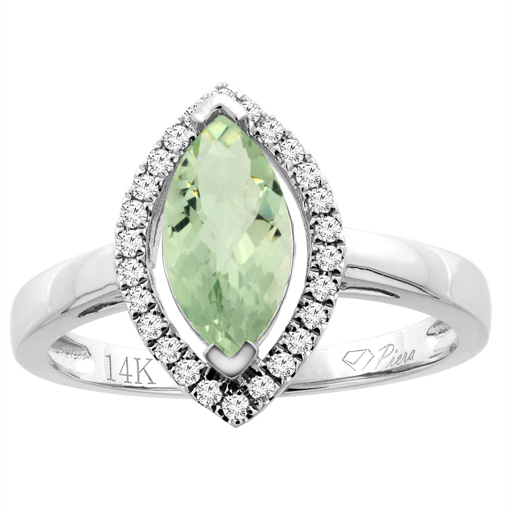 14K Gold Natural Green Amethyst Halo Ring Marquise 10x5 mm Diamond Accents, sizes 5 - 10