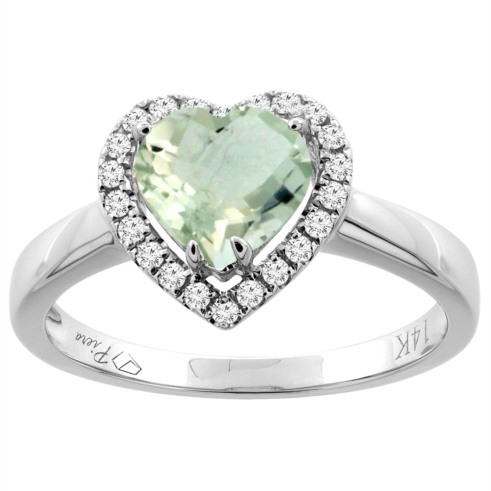 14K Gold Natural Green Amethyst Halo Ring Heart 7x7 mm Diamond Accents, sizes 5 - 10