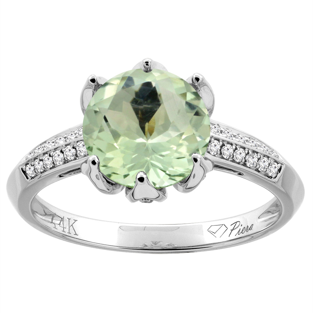 14K Gold Natural Green Amethyst Ring Round 8 mm Diamond Accents, sizes 5 - 10
