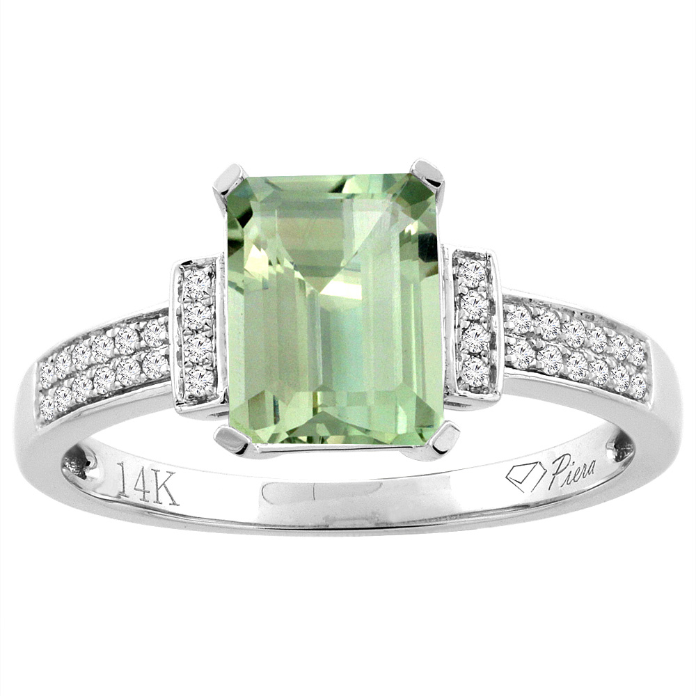 14K Gold Natural Green Amethyst Ring Octagon 8x6 mm Diamond Accents, sizes 5 - 10